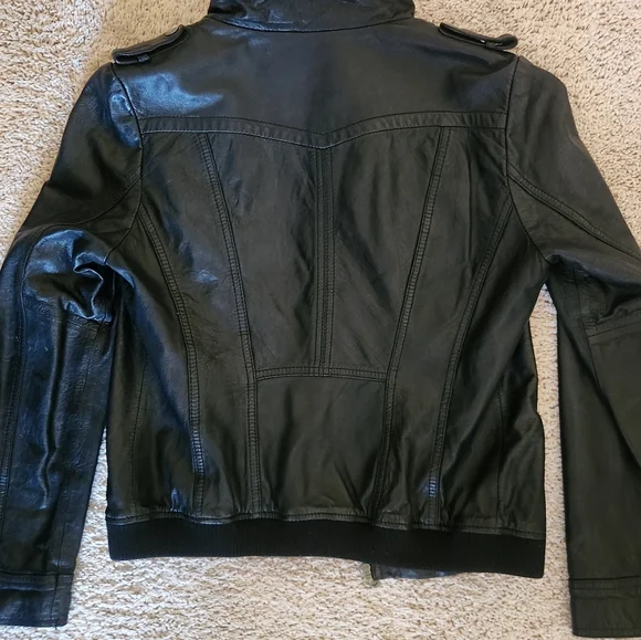 Vintage Y2K Guess Leather Bomber Jacket Sz. Large Black Butter Soft Leather - Picture 3 of 8